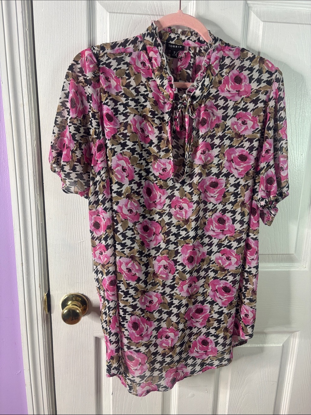 Pink Floral Houndstooth Tie-Neck Top